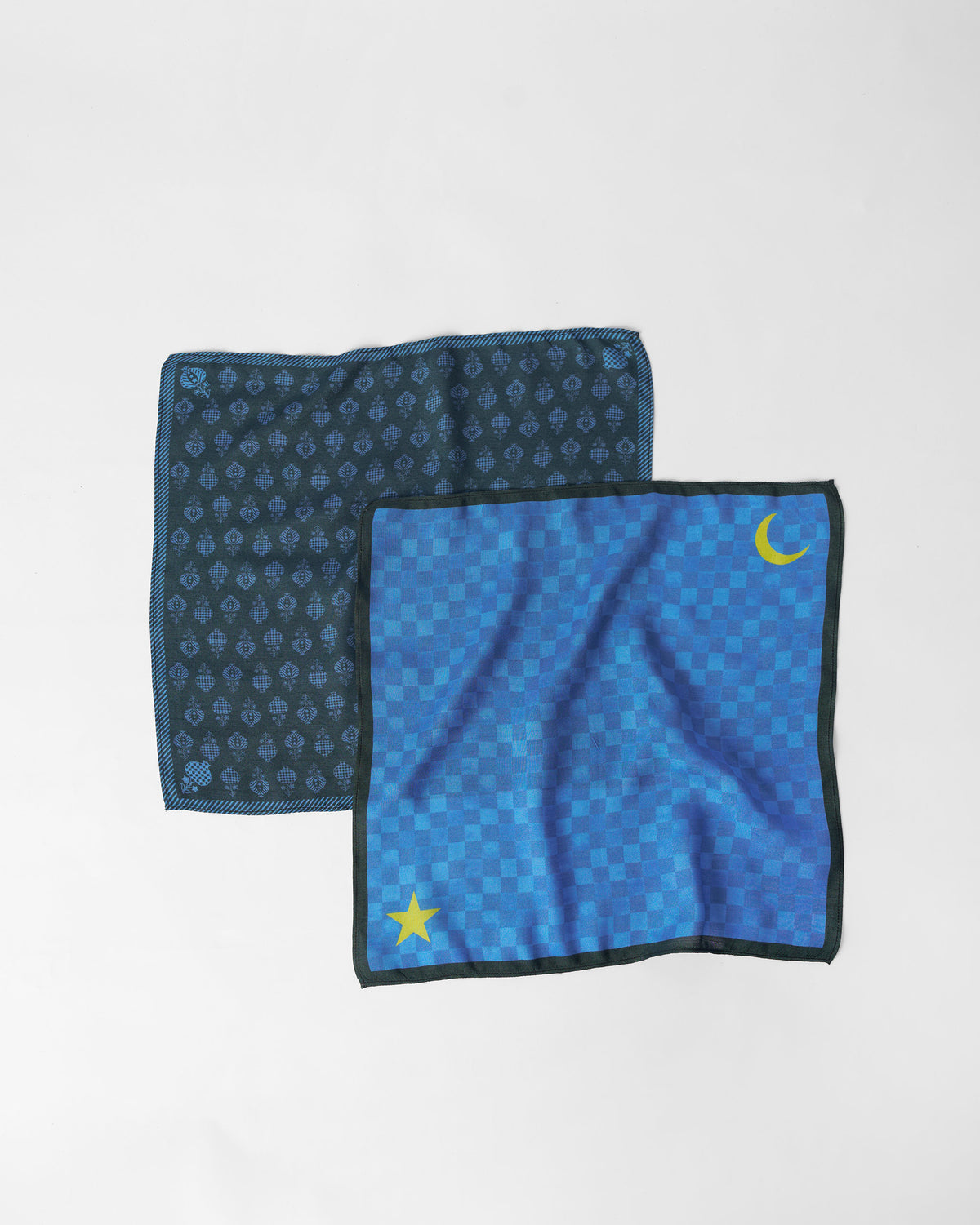 Blue Twilight Pocket Squares layered to show check, moon, star, and buta motifs.
