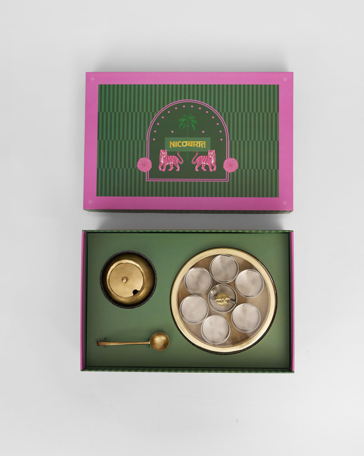 Chand Madhu Set packed in its open Nicobarat gift box.