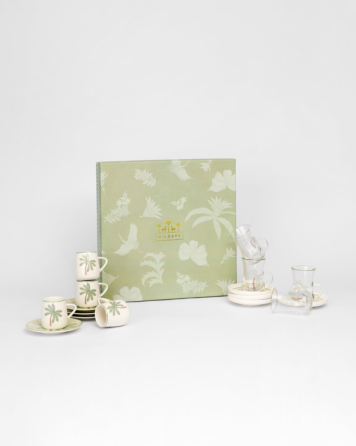 Veranda tea set with palm ceramic cups, glass cups and sage gift box.