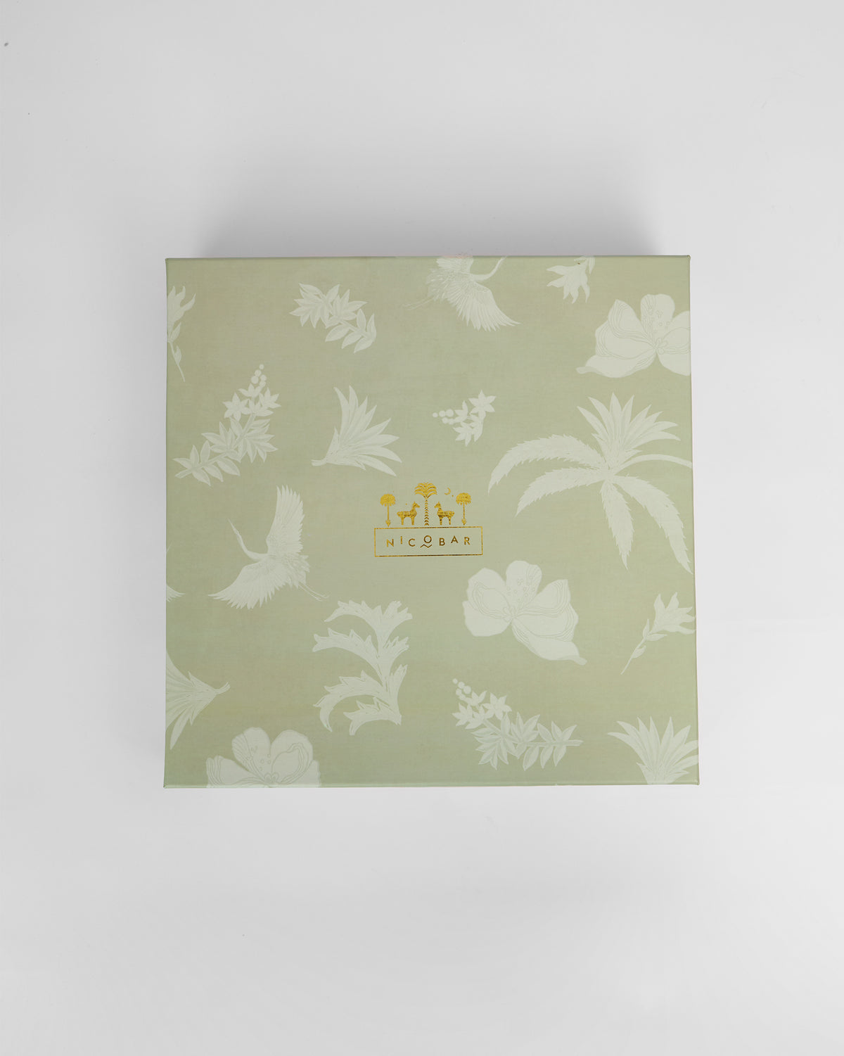 Sage Veranda tea set gift box with white botanical and crane print.