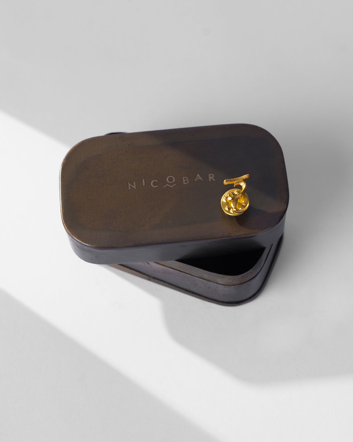 Alphabet R Pin in gold, resting on a dark Nicobar box.