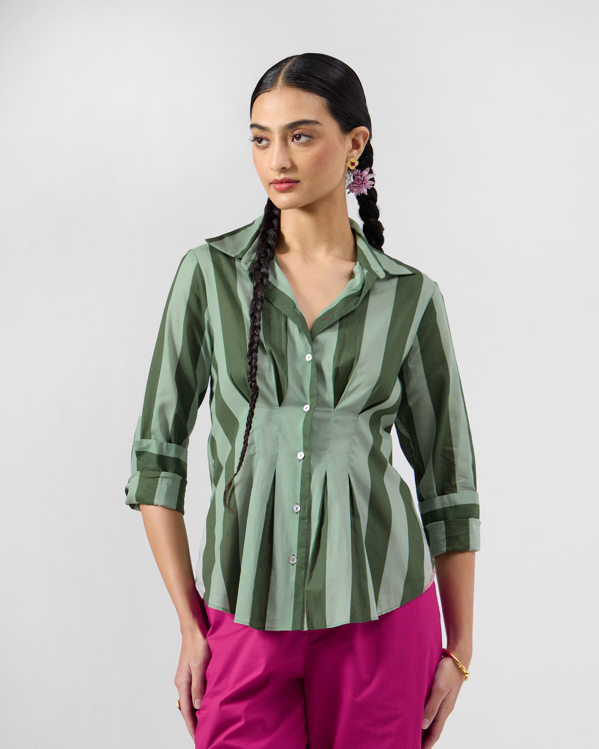 Olive striped Amalis shirt with a fitted waist and flared hem.