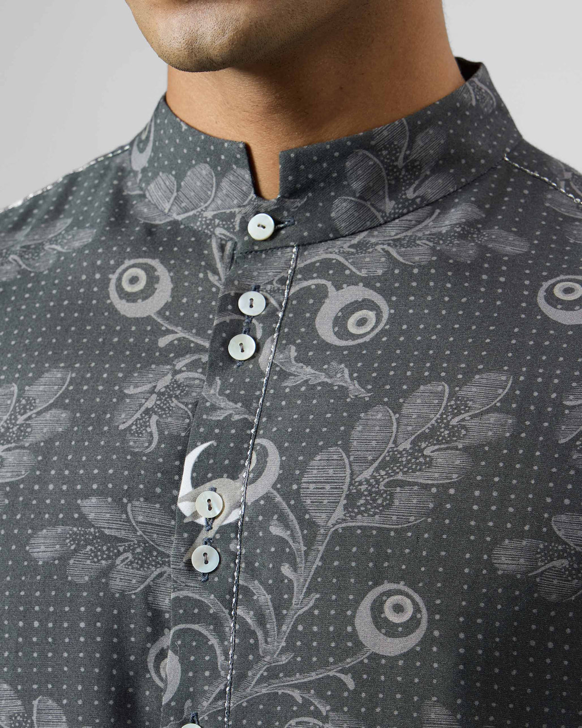 Close-up of a charcoal Rey Kurta neckband with botanical print.