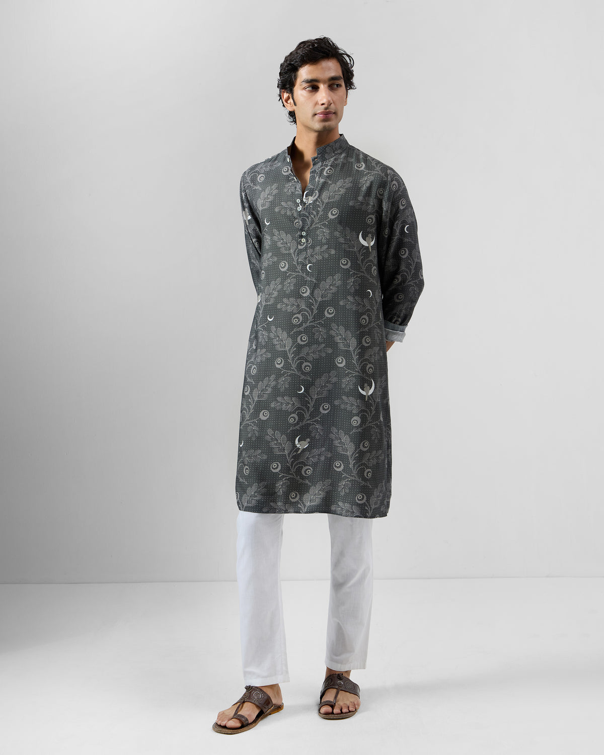 Charcoal Rey Kurta with an all-over moon and botanical print.