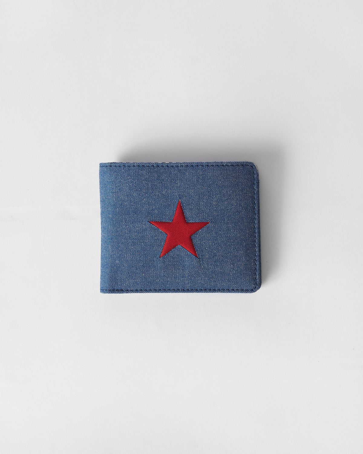 Denim blue Classic Bi-Fold Wallet with a red star on the front.