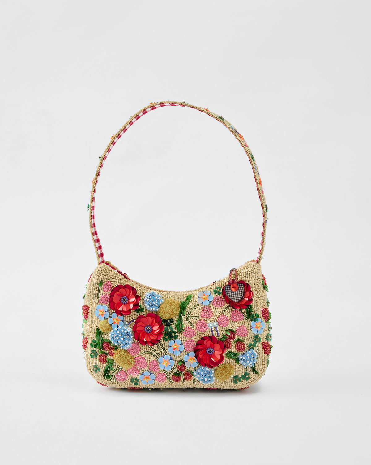 Bloom Bag with red and blue floral bead embroidery.