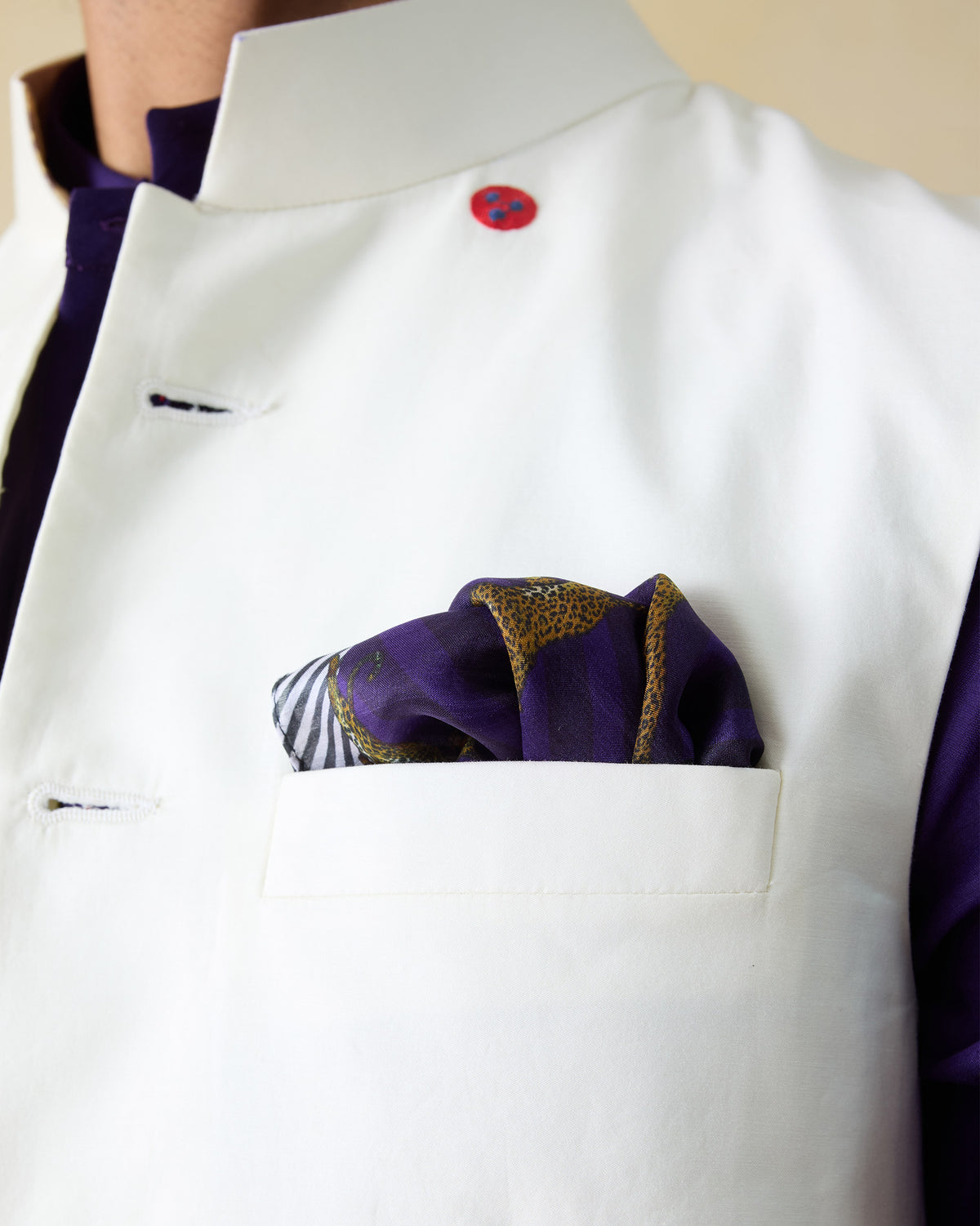 Purple Leopard Pocket Square worn in a jacket pocket.
