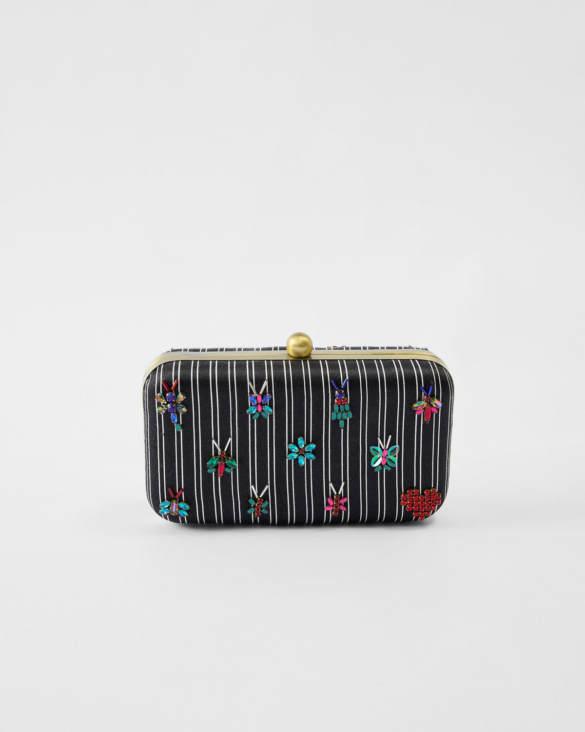 Black and ivory striped Martini Clutch with beaded bugs.