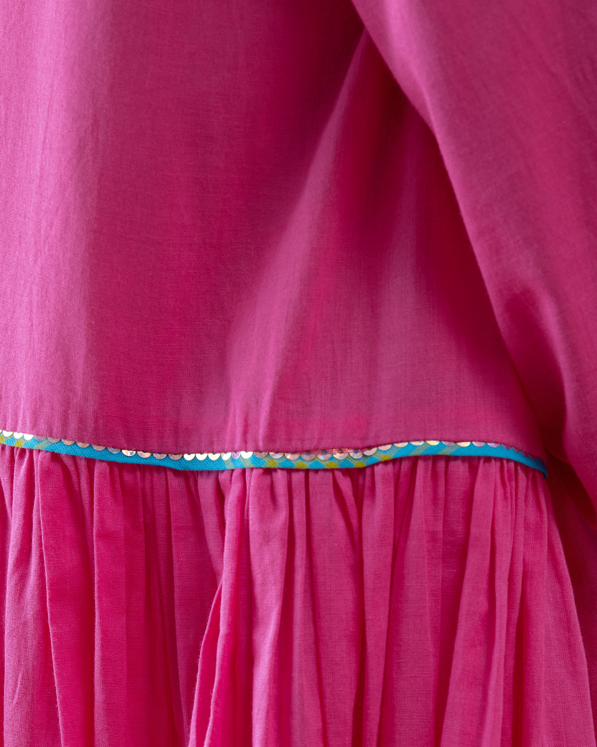 Close-up of turquoise sequin trim at the gathered waist of a Pintuck kurta.