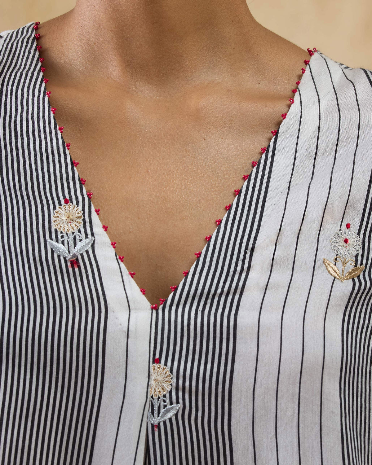 Close-up of metallic floral embroidery at the V-neck of a Dash Kurta.