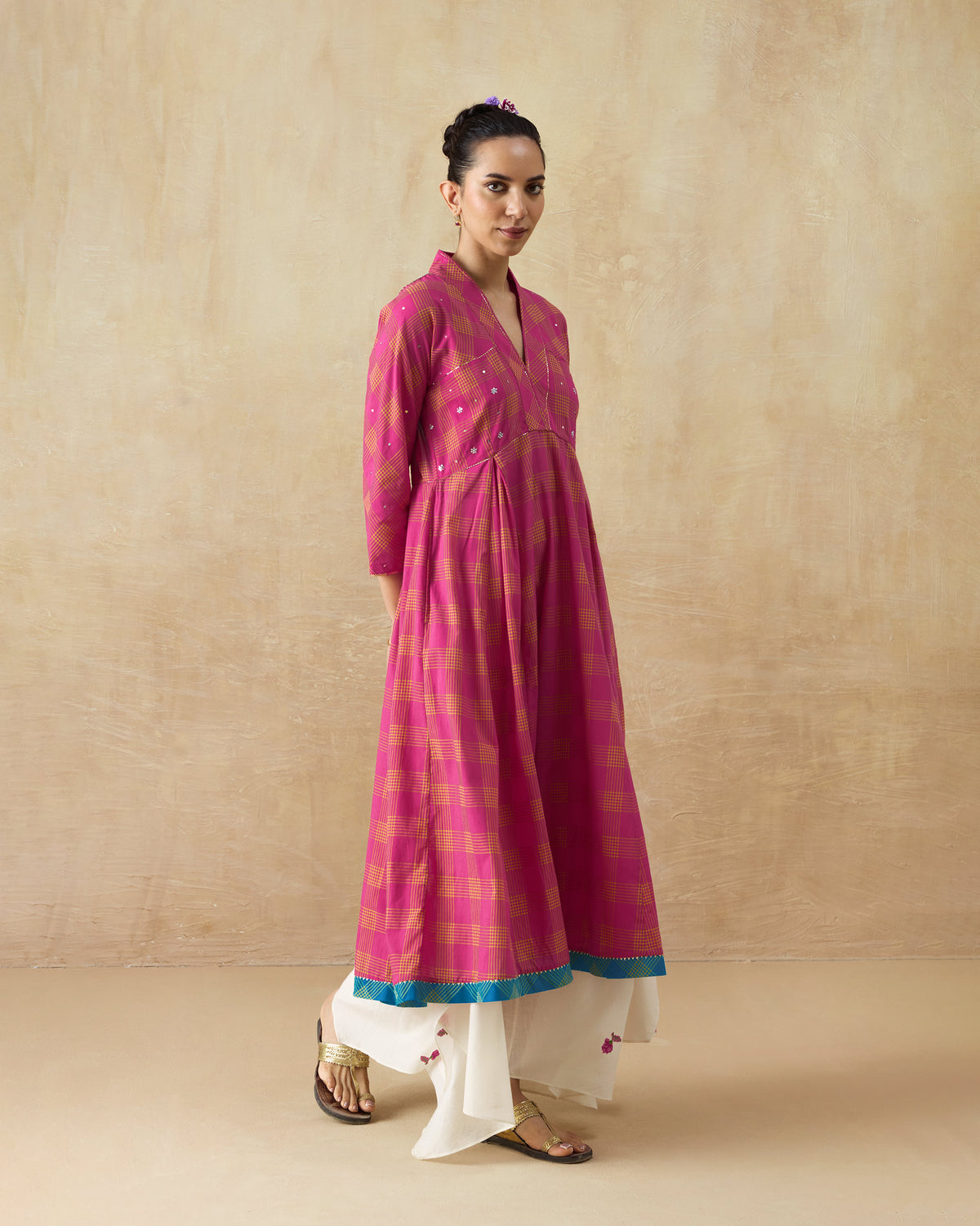 Full-length berry and lime check Drifter kurta with a flared silhouette.