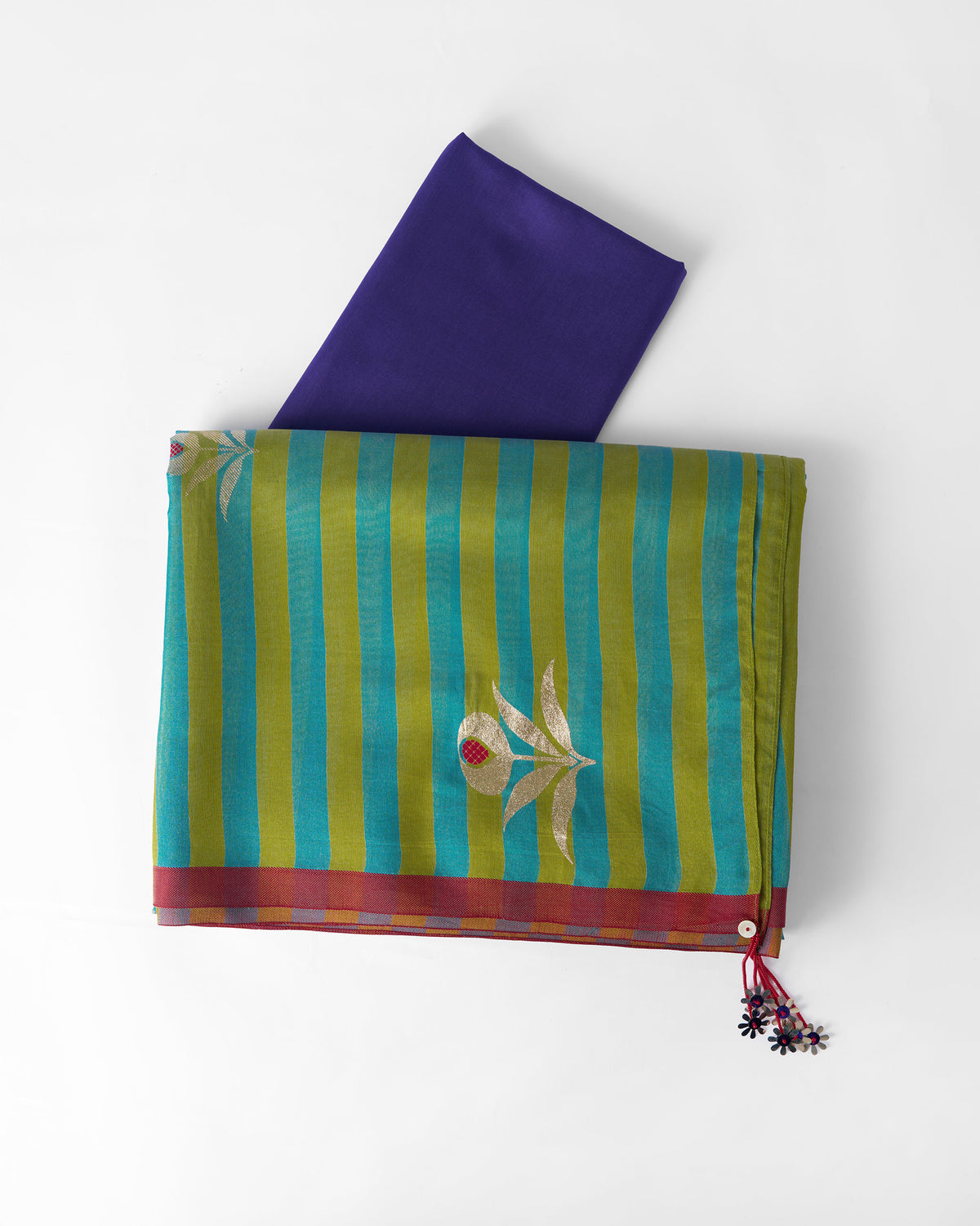 Folded leaf green and teal Garden Party Sari with gold leaf motif and blouse piece.
