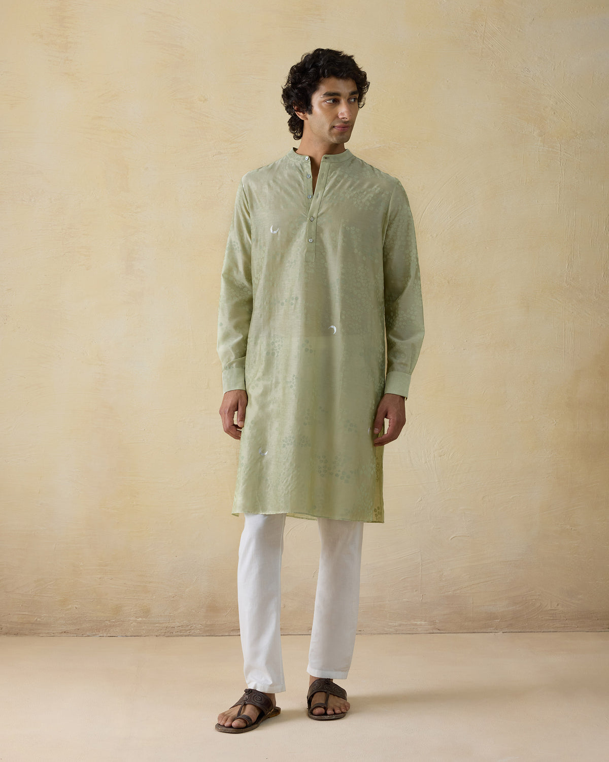 Person wearing a mint green Bageecha kurta with moonlit sky foil print.