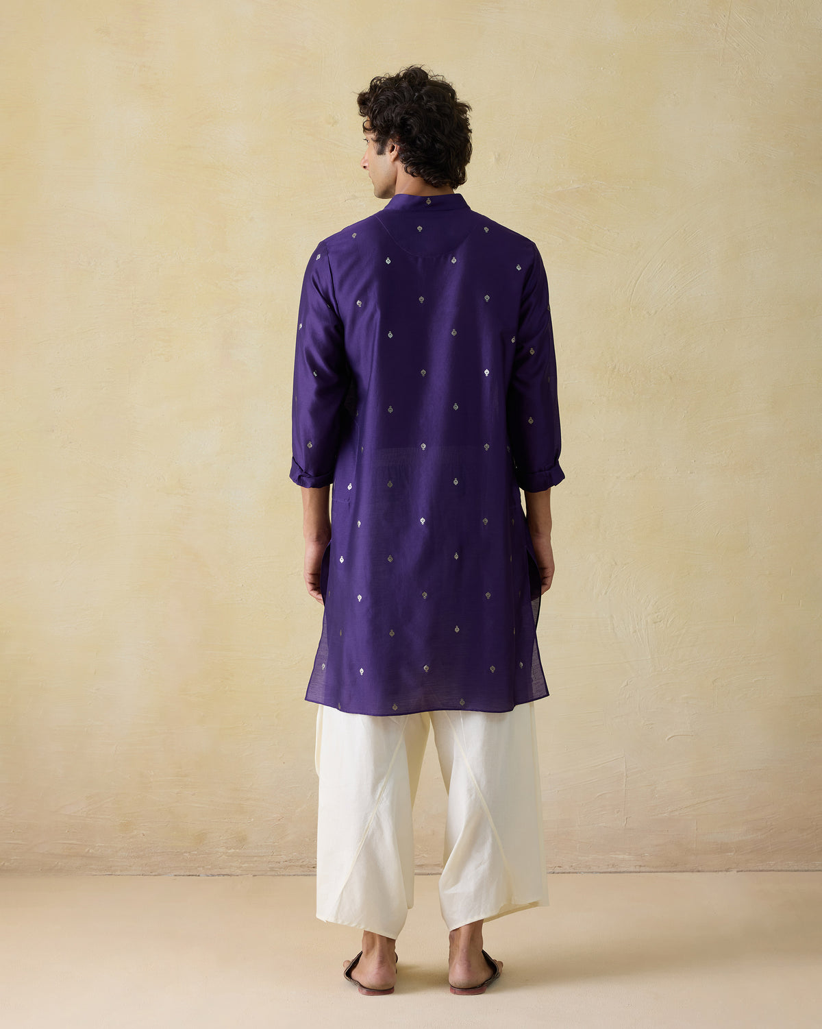 Back of a dark purple Rey kurta with silver embroidered motifs.