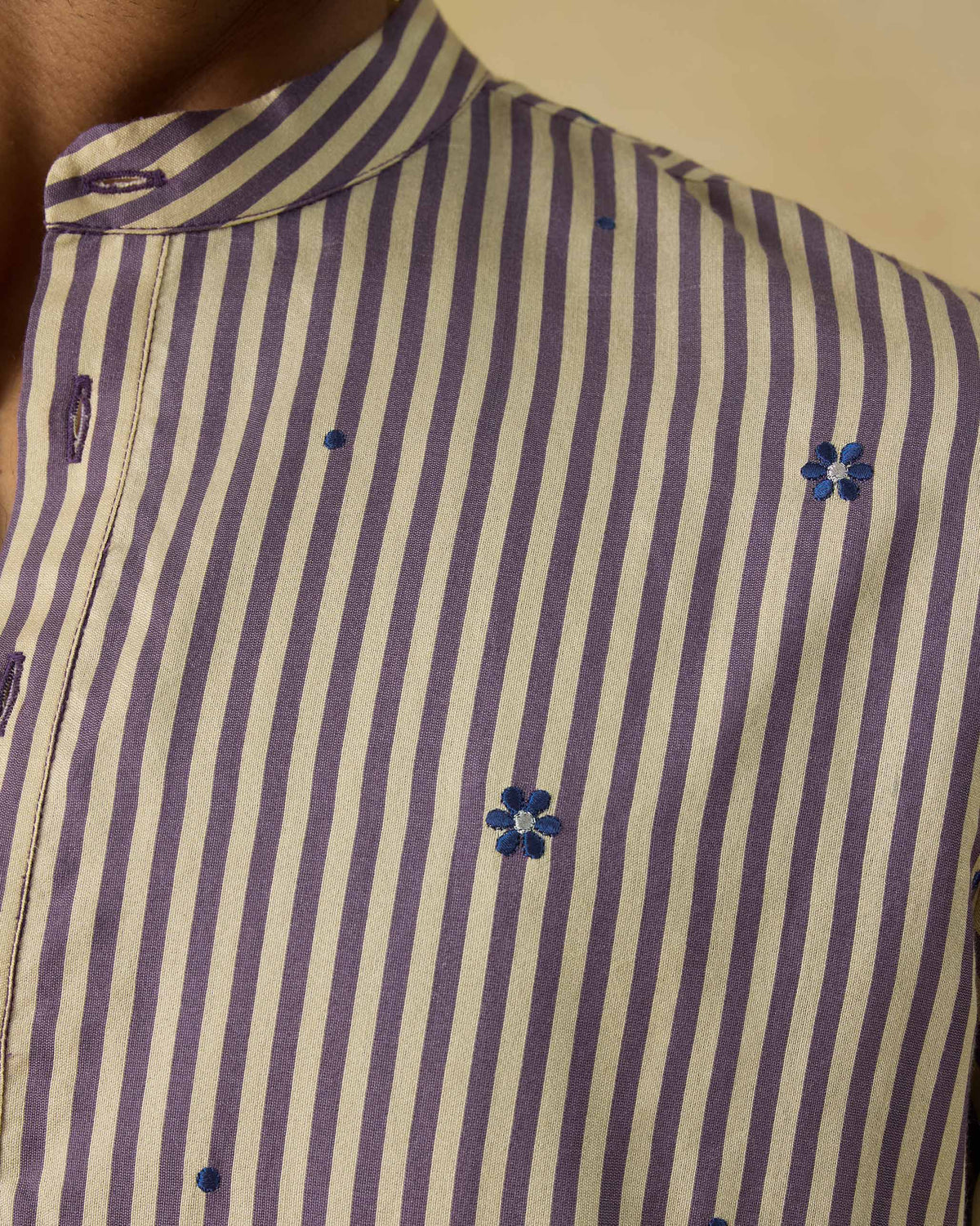 Close-up of a striped Shaam Kurta showing floral embroidery near the collar.