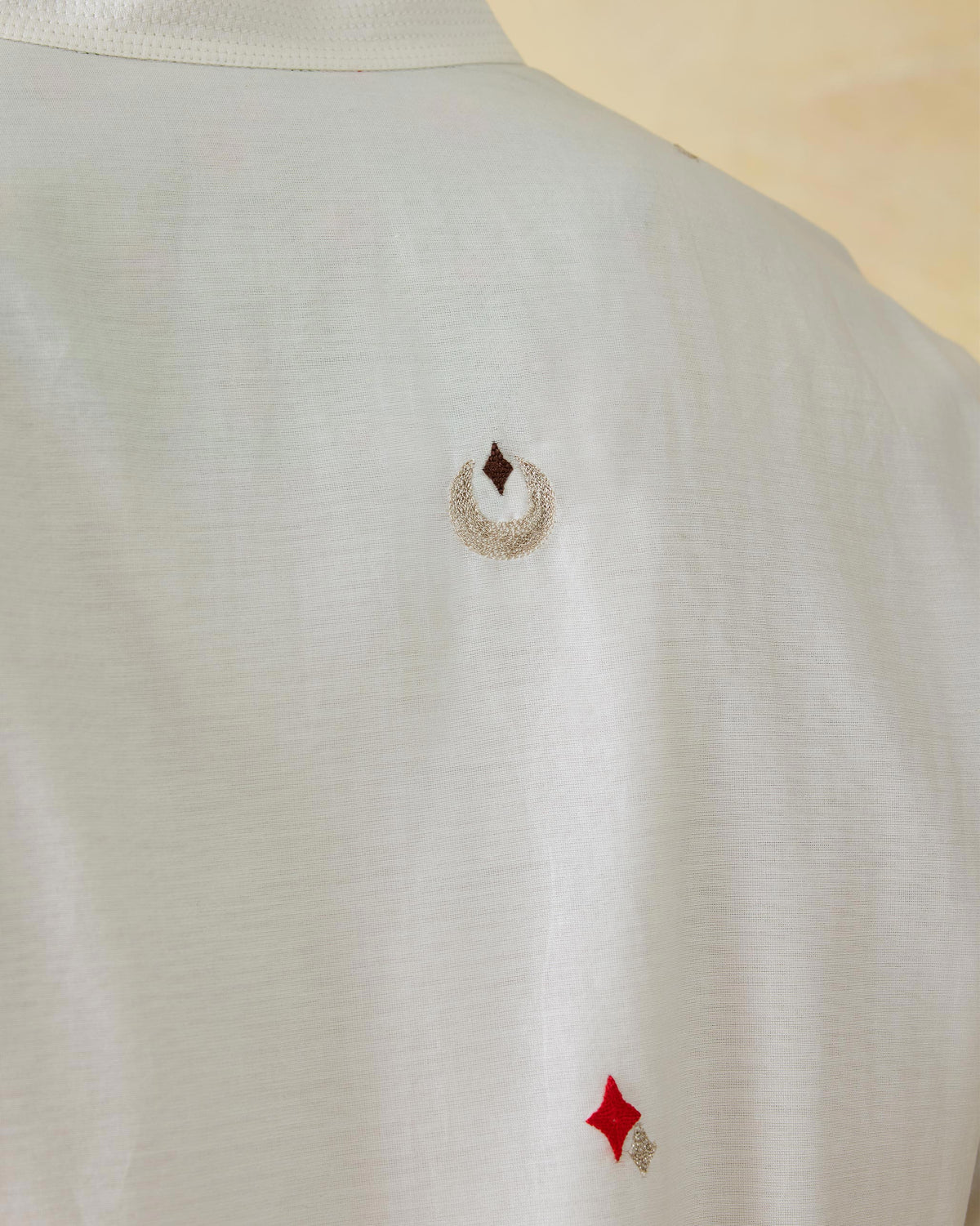 Close-up of embroidery on the back of an ivory Neckband Kurta.
