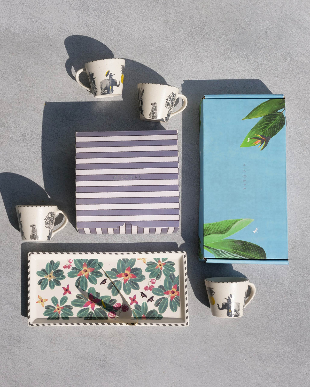 Tea and Coffee Set with espresso mugs, floral tray, and gift boxes.