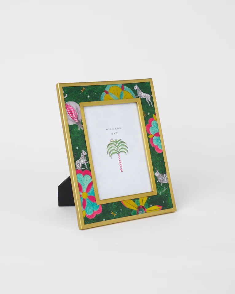 Gold Anara photo frame with a green border of flowers and animals.