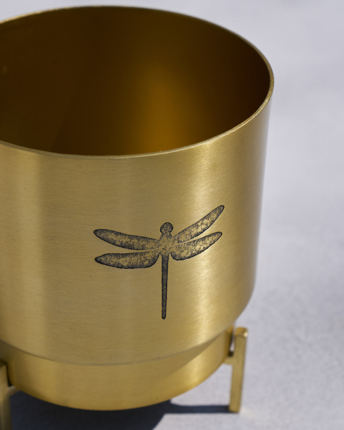 Close-up of a gold Dune planter showing the etched dragonfly.
