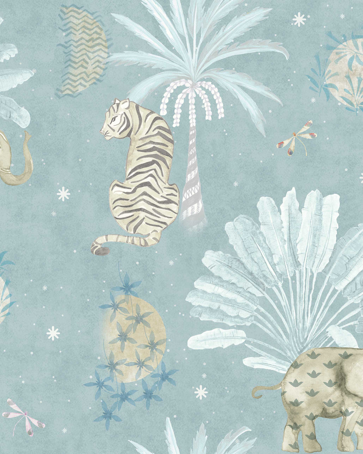Close-up of Moonrise Island Wallpaper in blue showing a tiger, palm and elephant.