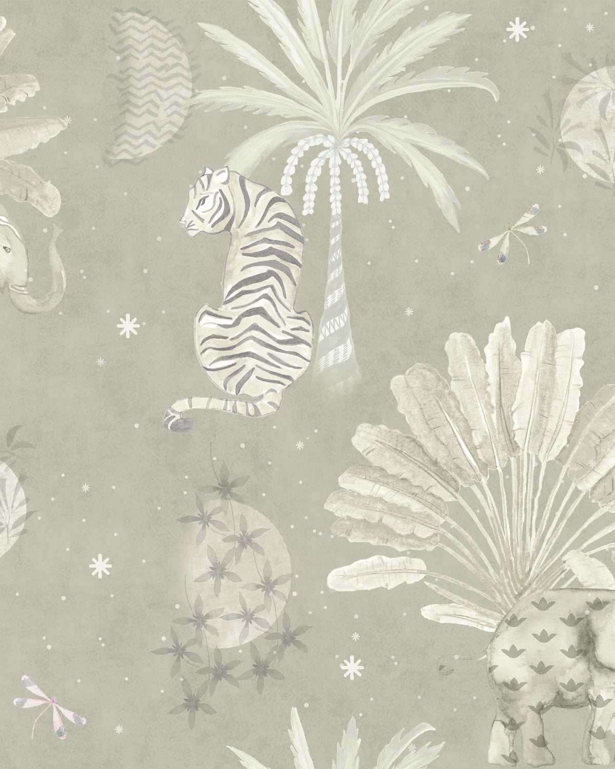 Moonrise Island grey wallpaper with tiger, palms, and elephant motifs.