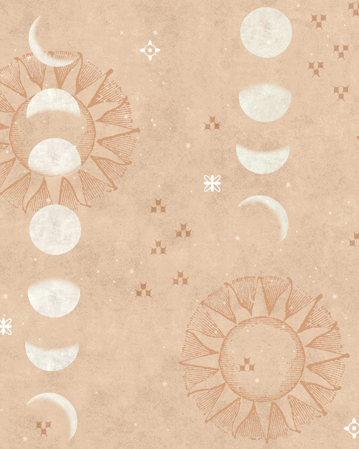 Petals In The Sky Wallpaper - Peach with moon phases and sun motifs.