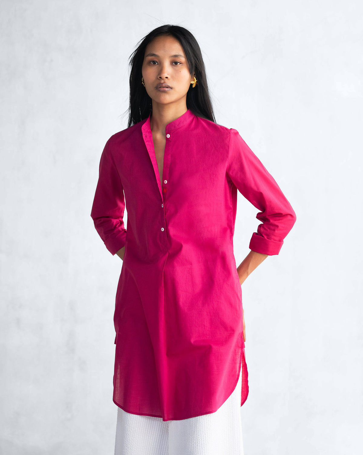 Close-up of the Basic Mid Length Kurta placket showing a red star embroidery.