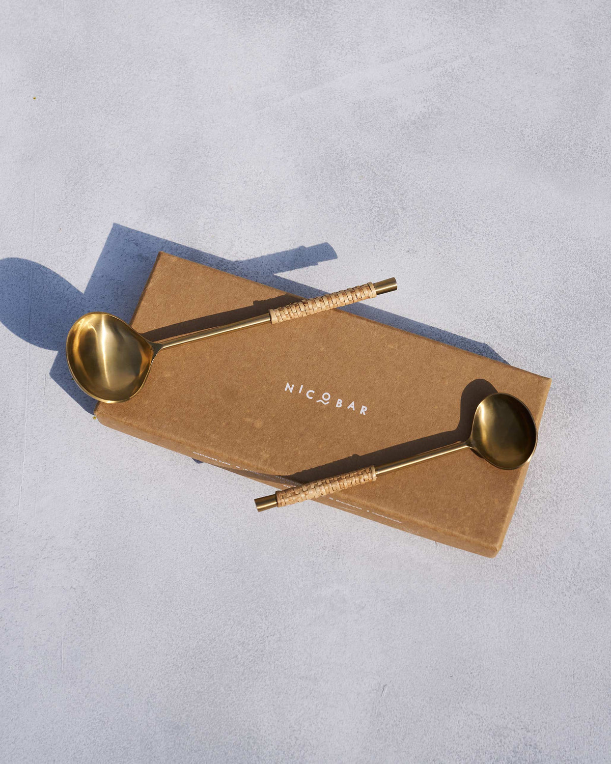 Sitara serving spoons laid across the lid of their box.