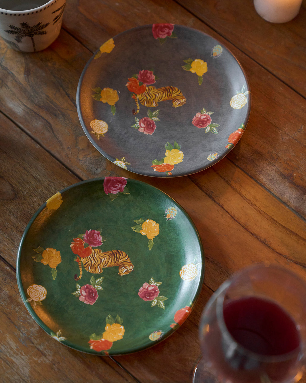 Tigress Quarter Plates in green and grey, each with a tiger motif.
