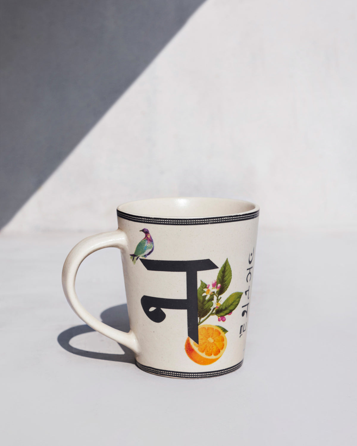 Nico mug with a bird and orange beside the letter for N.