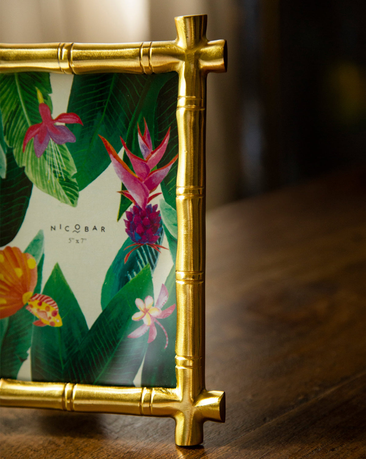 Close-up of gold bamboo nodes on a Nicobar photo frame.