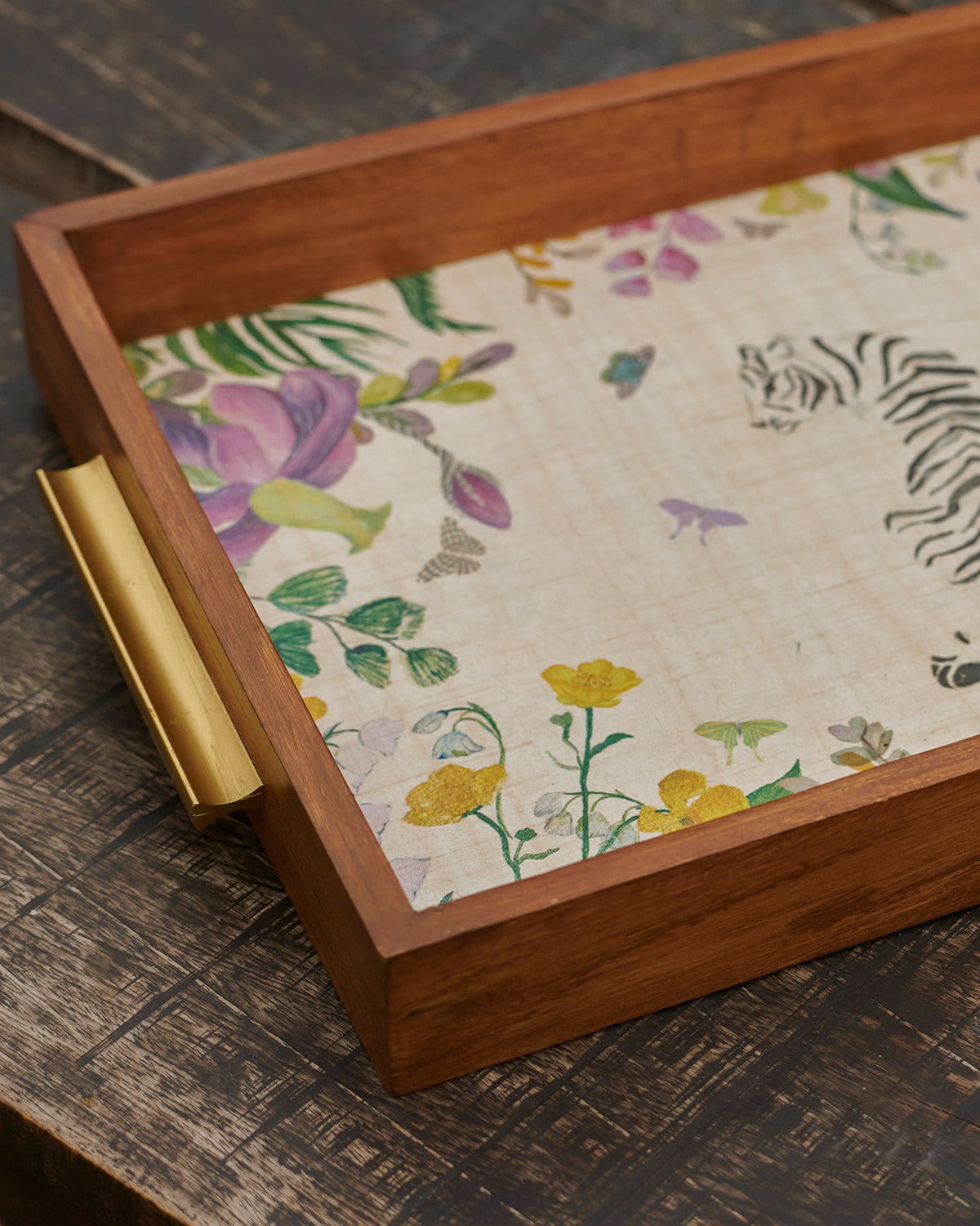 Top view of a Waadi Rectangle Tray with a tiger, flowers and butterflies.