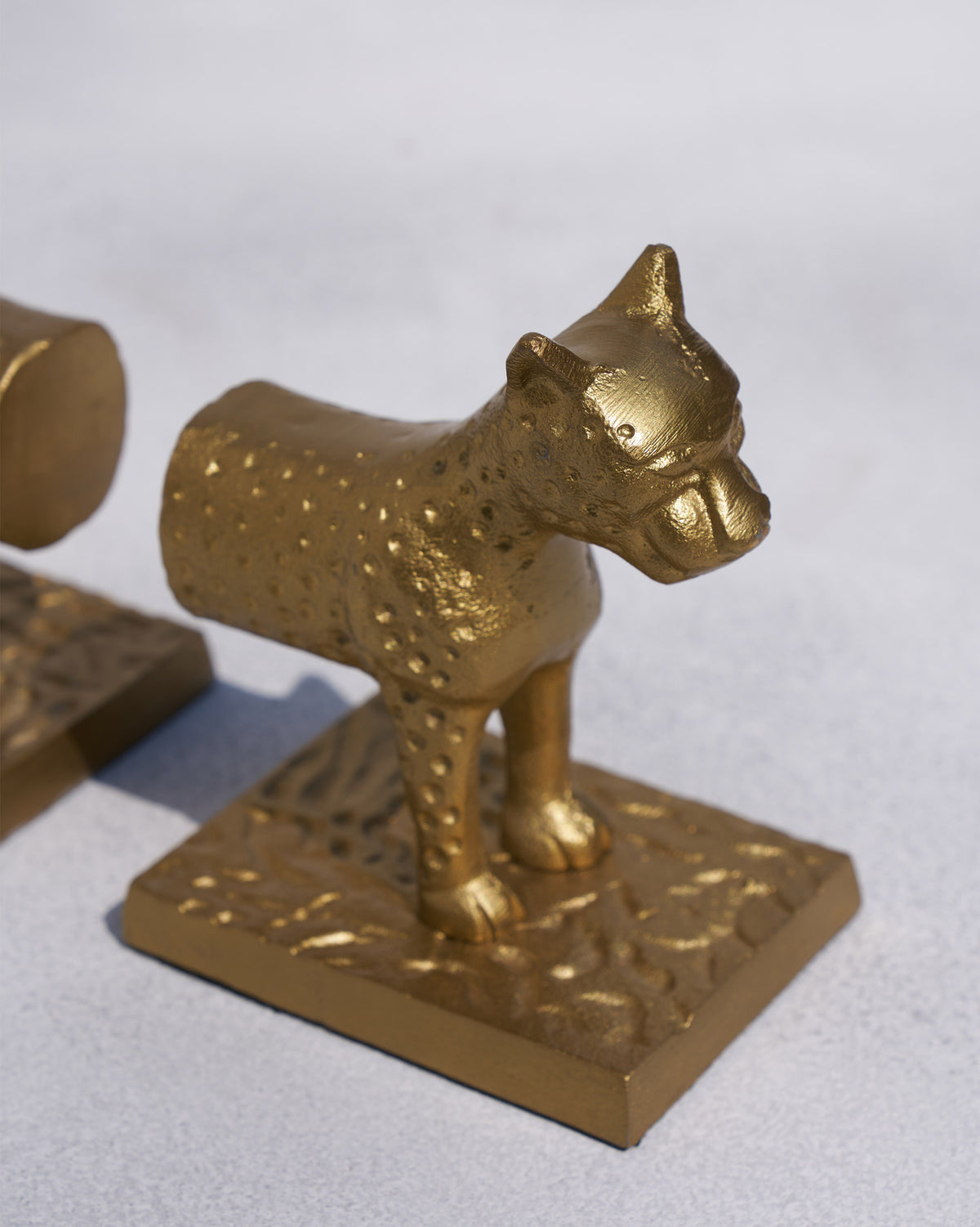 Close-up of a Leopard Bookend showing its head and spotted texture.