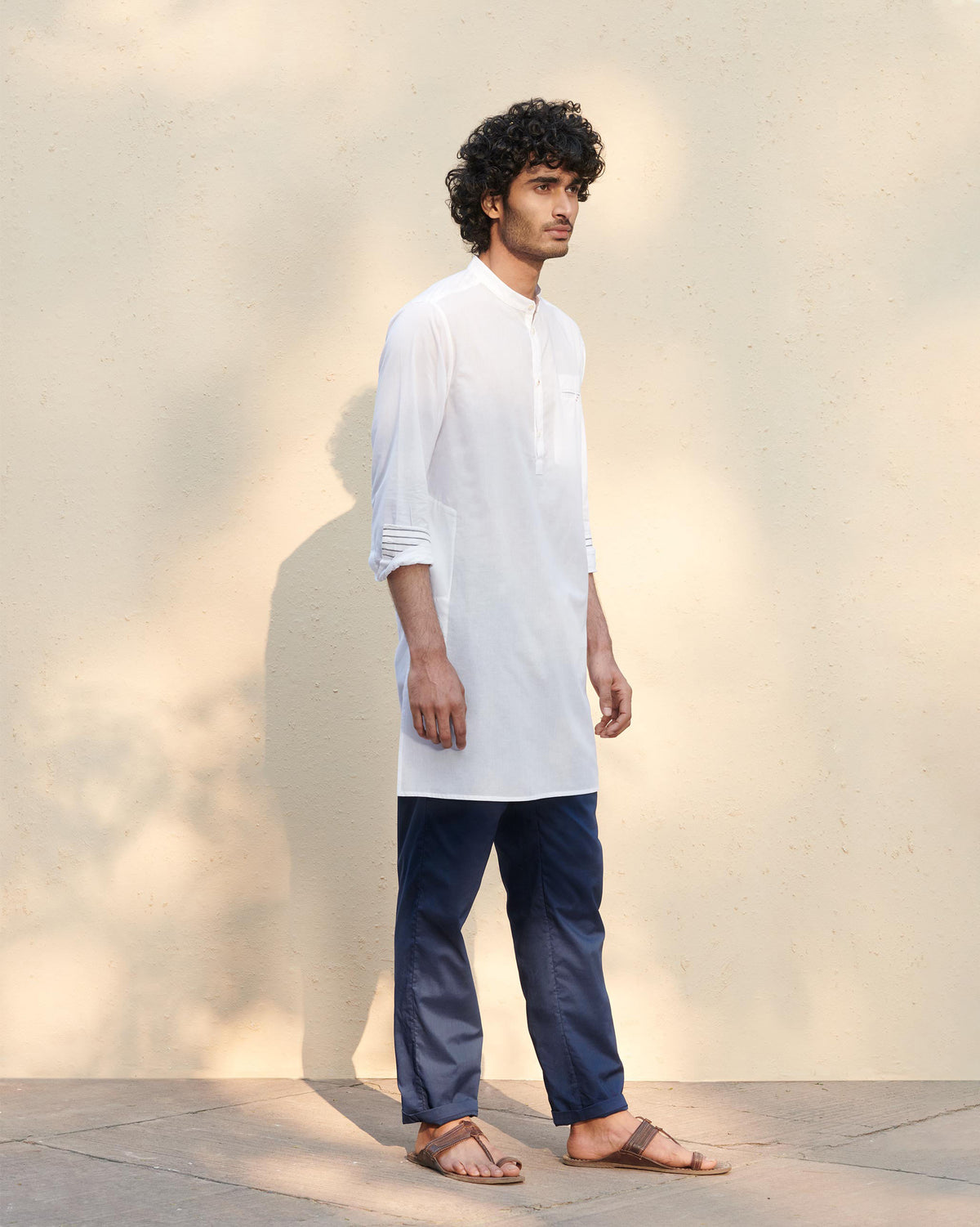 Side view of navy Shillong Jammies worn by a person.