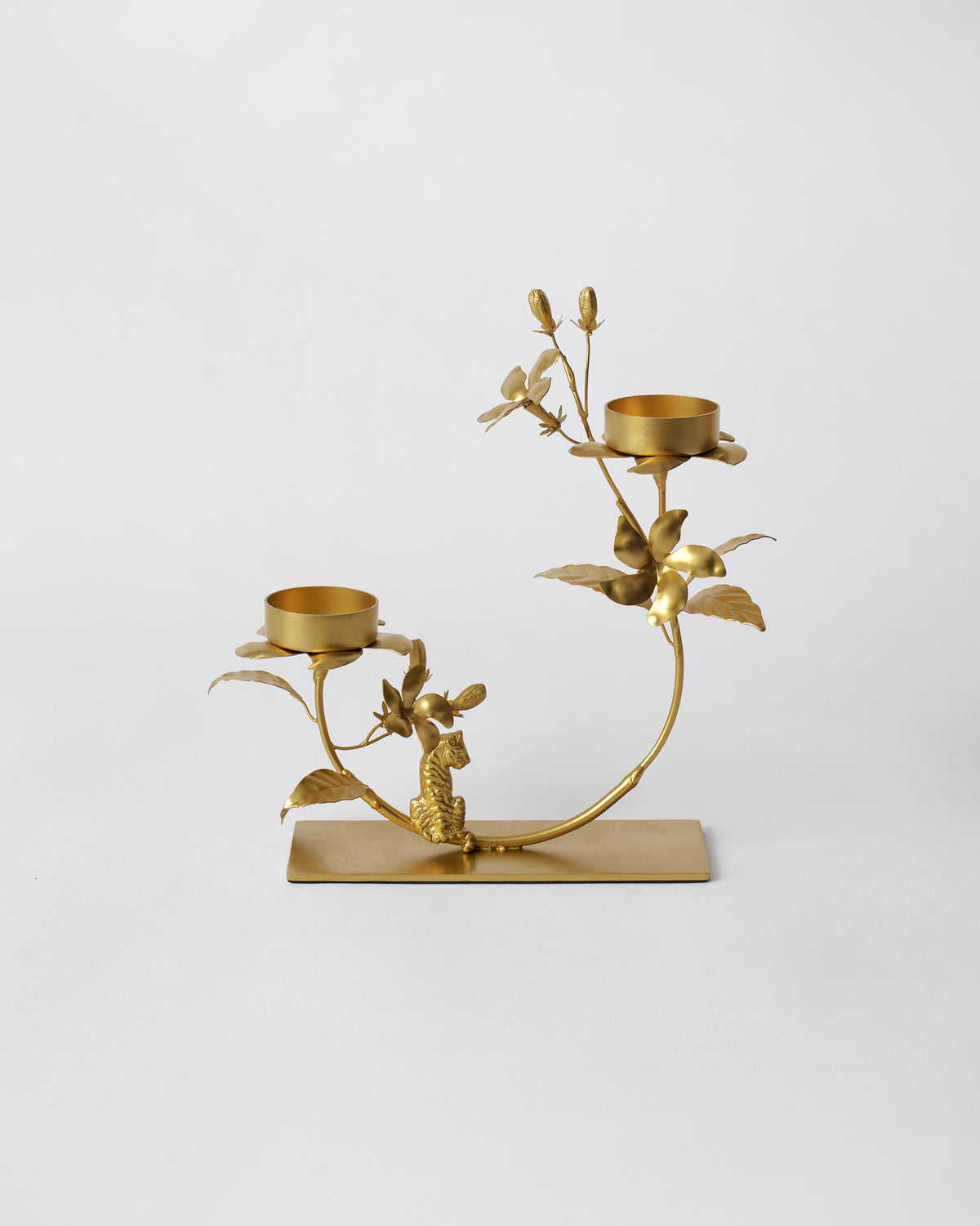 Jasmine Bloom Tealight Holder in gold with two tealight cups and a leafy stem.