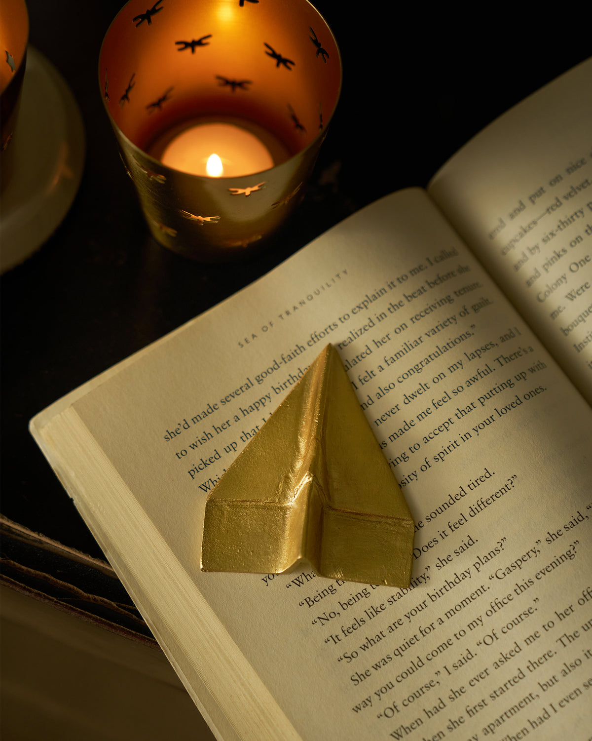The brass aeroplane on an open book.