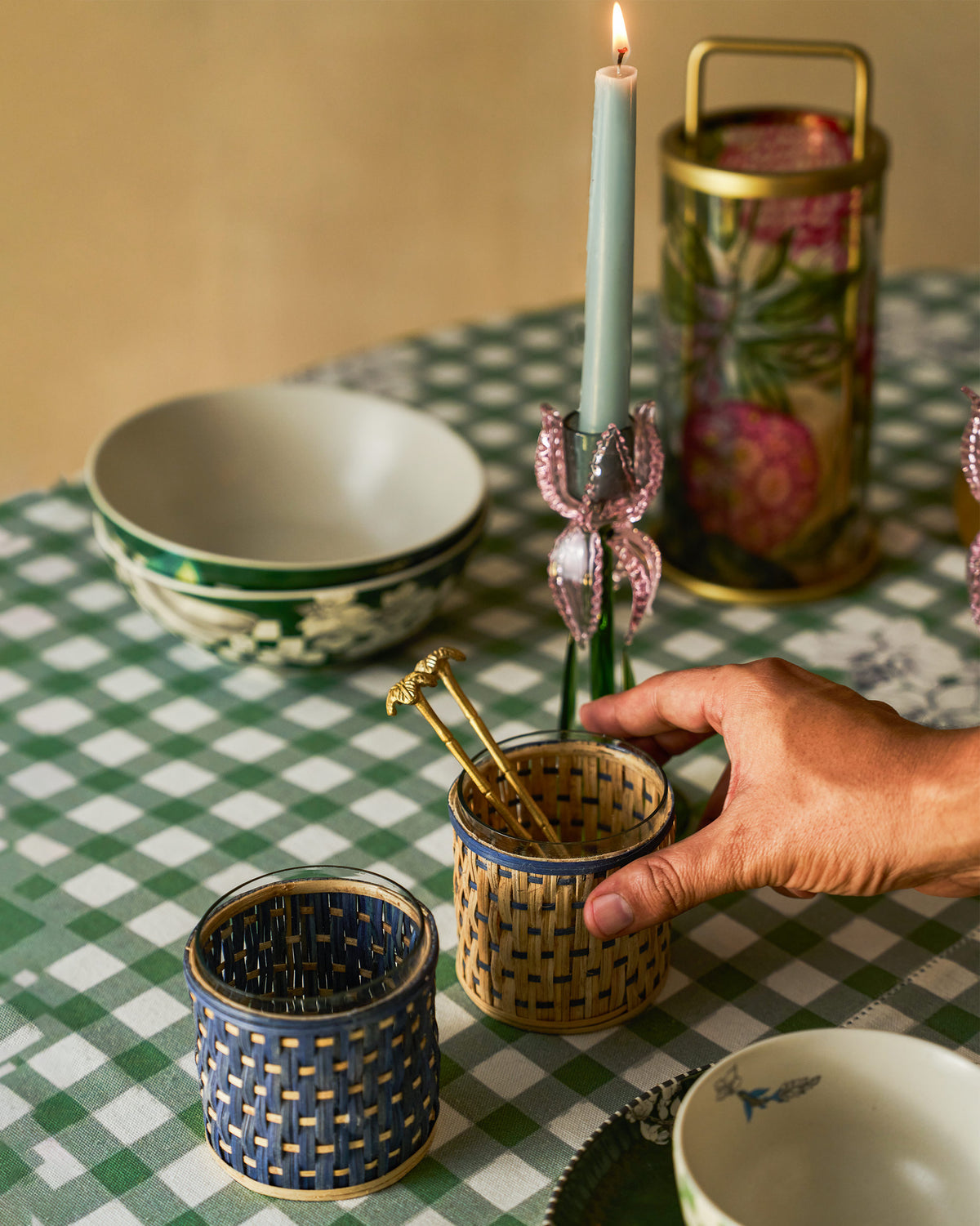 Bloom jars on a gingham table.