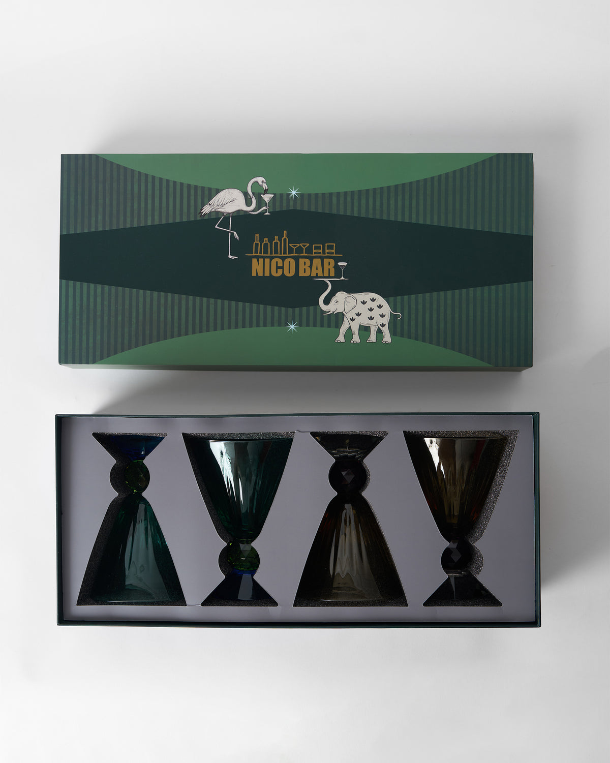 Vira cocktail glasses packed in an open Nico Bar gift box.