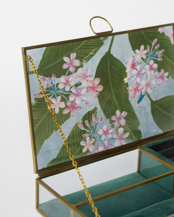 The open box with a gold chain over teal velvet