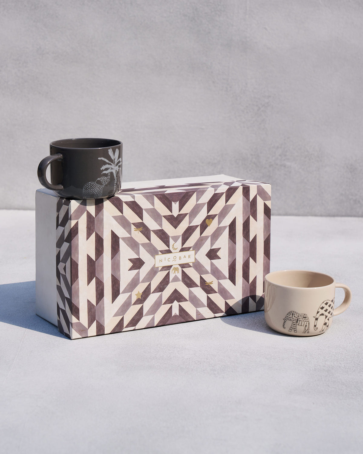 Coastal Mug set of two with a geometric Nicobar gift box.