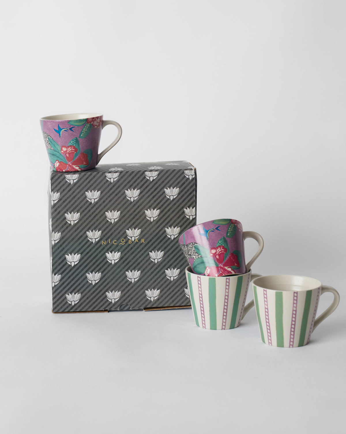 Buransh Espresso Mug set of four with a striped Nicobar gift box.
