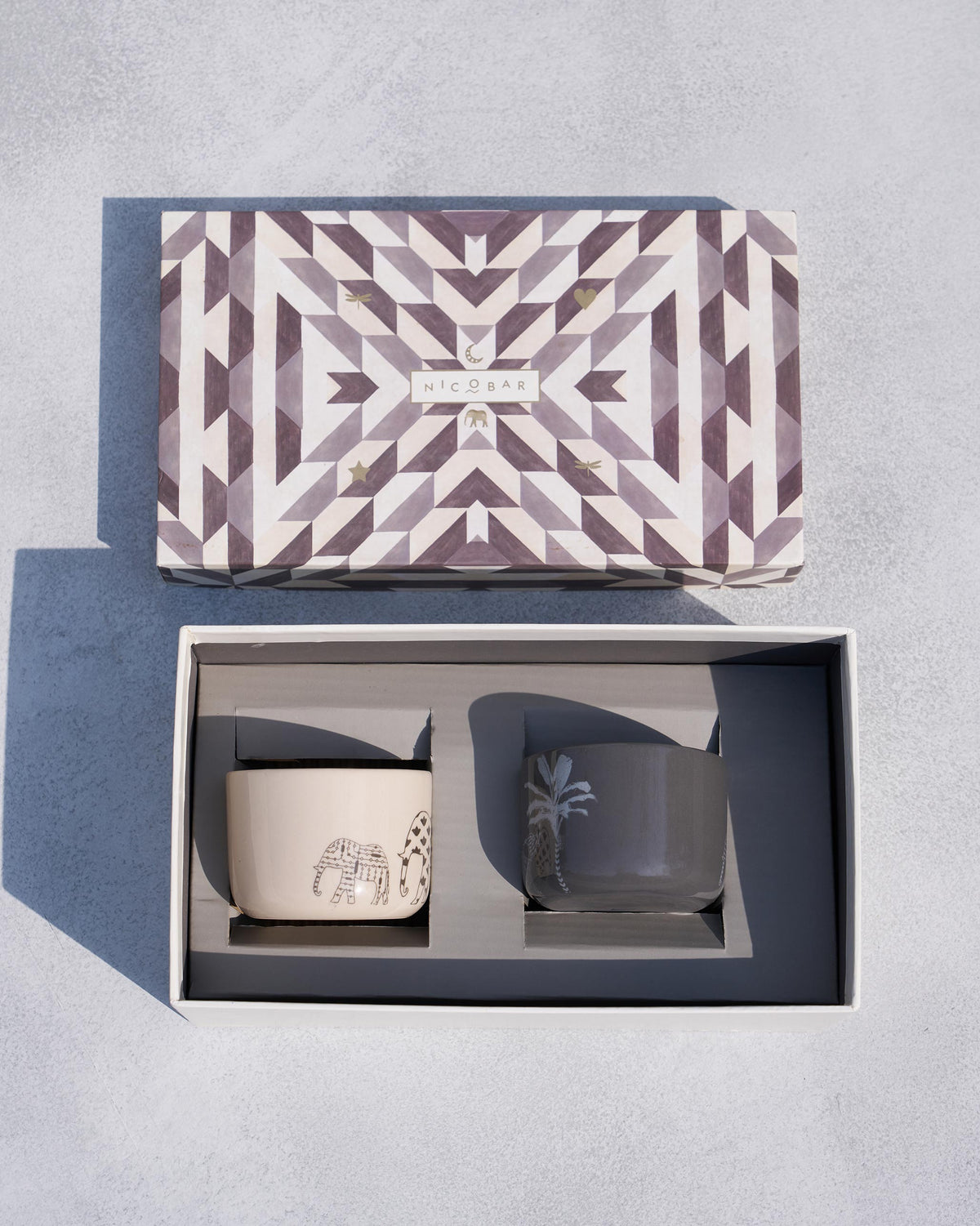 Coastal Mugs packed in an open Nicobar box with elephant and palm prints.