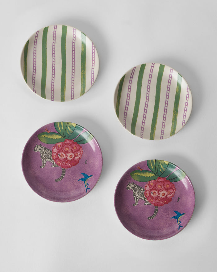 Set of four Buransh Tea Plates with purple blooms and green stripes.