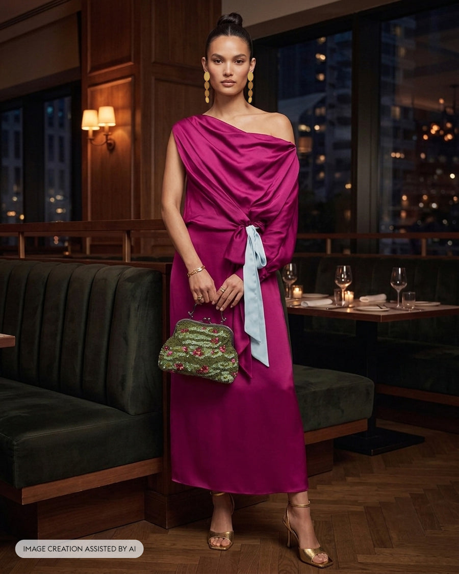 The Fireside Dress in a lamplit restaurant, worn with gold earrings and gold heels.