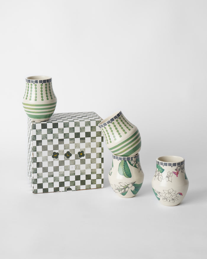 Reesha kulhar set of four with a green checkered Nicobar gift box.