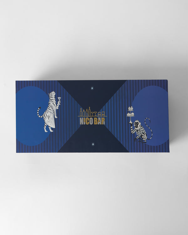 The navy Nico Bar box with a tiger and a monkey