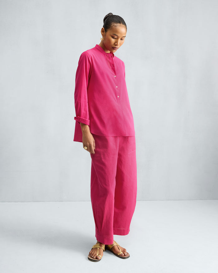The Mandarin Collar Top Set - Fuchsia