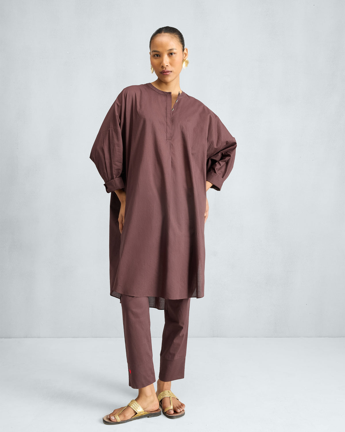 Chocolate plum Lazy Sunday tunic set with a mandarin collar and slim pants.