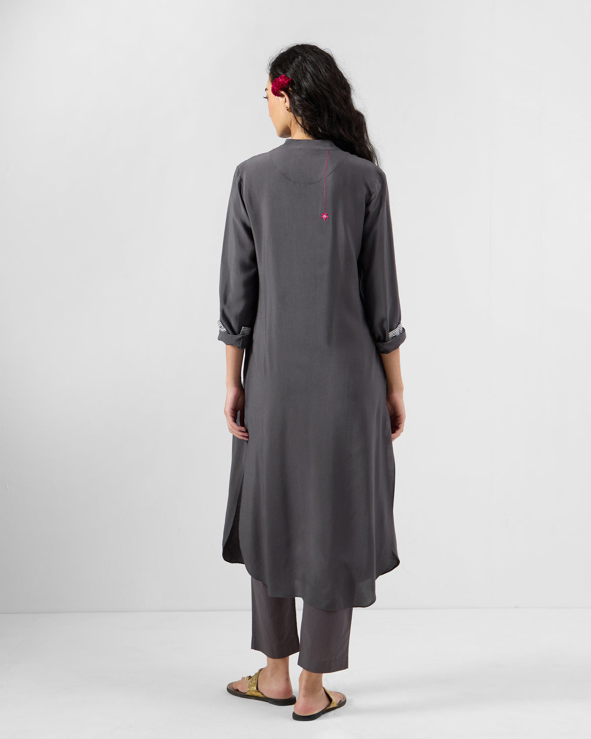Back of a charcoal Basic Long Length Kurta Set with matching trousers.