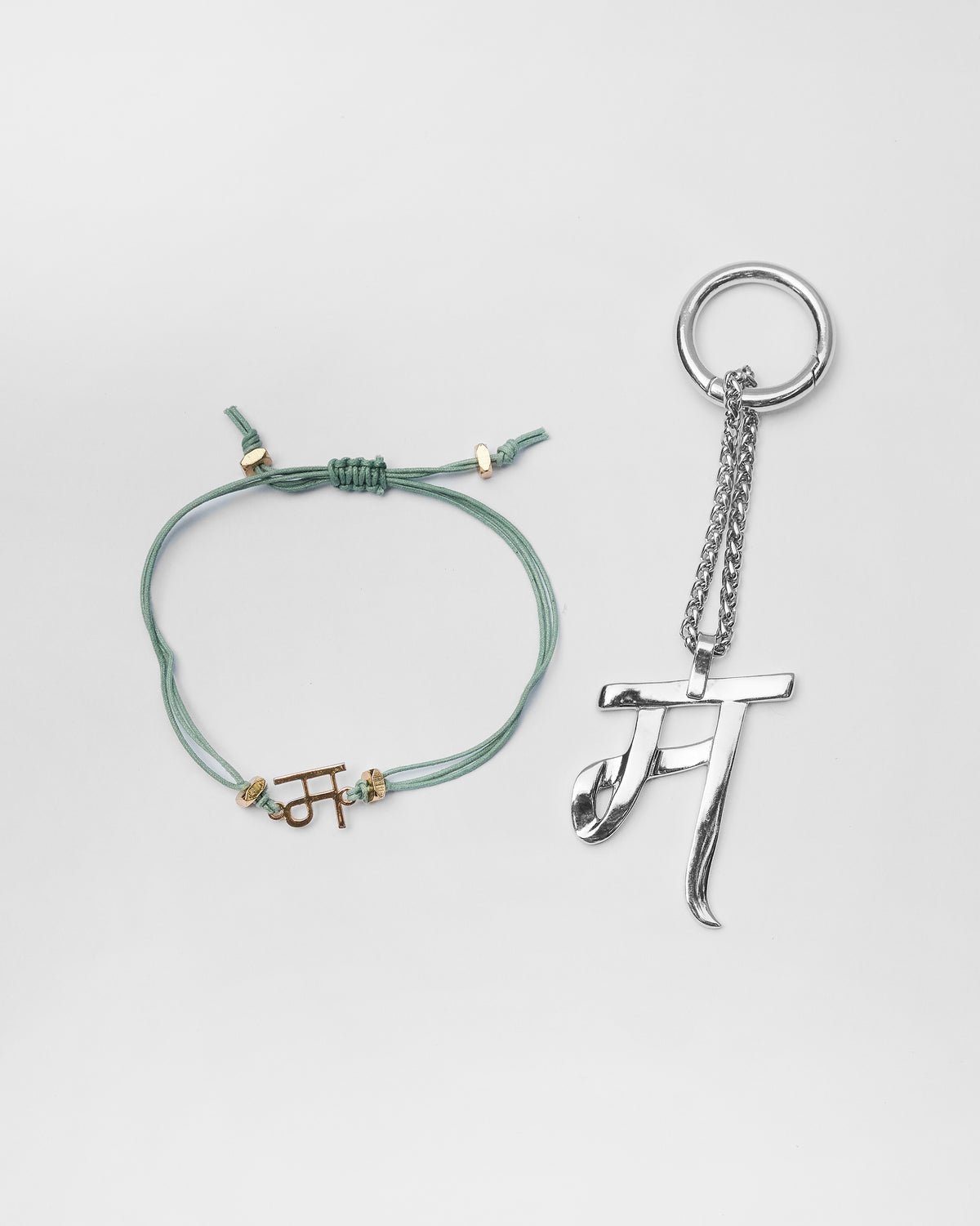 Alphabet M rakhi set with a gold म charm and a silver म bag charm.